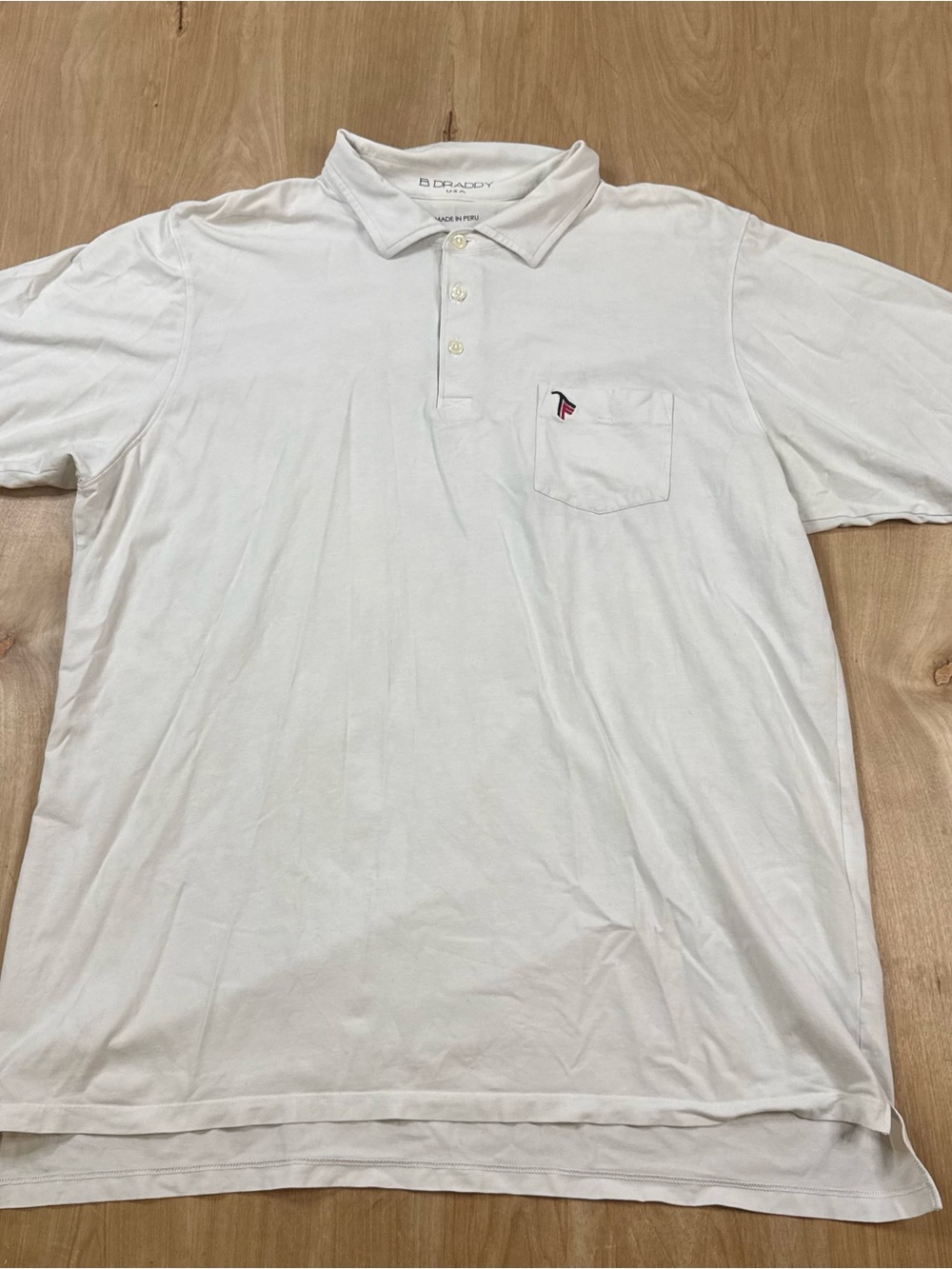 B. Draddy Mens White Solid Logo Short Sleeve Collared Button Pocket Polo XL